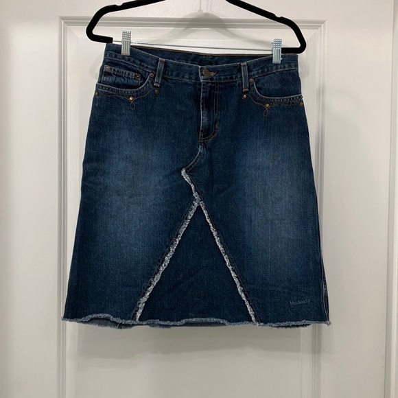 Abercrombie & Fitch Dresses & Skirts - Abercrombie & Fitch Denim Midi Modesty Skirt with Fringe, Raw Hem, size 6, 90s